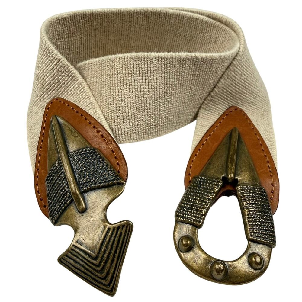 Vintage Omega Arrowhead Stretch Belt Gold Tone Tan Boho Southwestern 31–44"